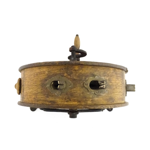 9 - A 19thC knife cleaner / sharpener, with oak case and cast iron supports stamped Murton & Varley. App... 