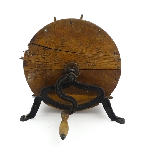 9 - A 19thC knife cleaner / sharpener, with oak case and cast iron supports stamped Murton & Varley. App... 