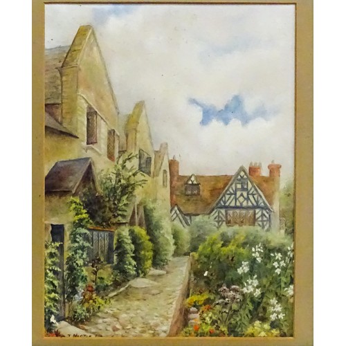 10 - A 20thC oil on board depicting and English village scene with houses and a cottage garden. Signed J ... 