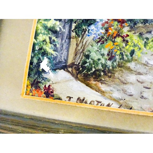 10 - A 20thC oil on board depicting and English village scene with houses and a cottage garden. Signed J ... 