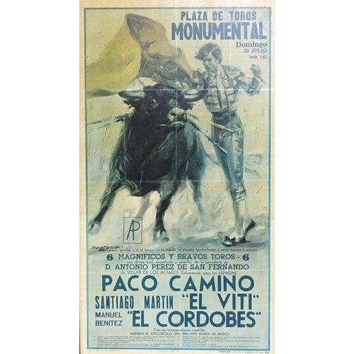 26 - A 20thC Spanish print of a bullfighting poster titled Plaza de Toros Monumental Domingo 23 Julio. Ap... 