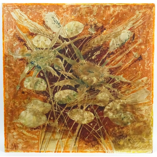39 - 20th century, Oil on board, An abstract study of dried sunflowers. Indistinctly signed A. R. Webbe l... 