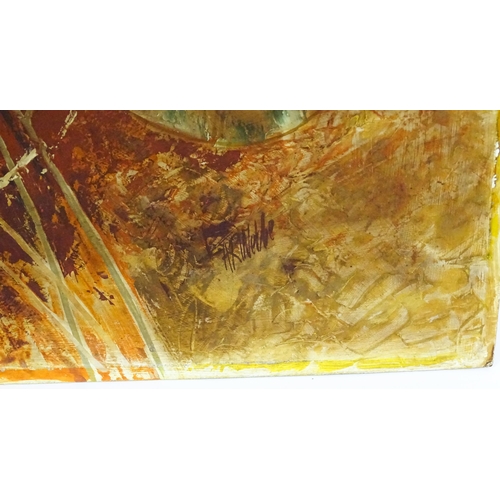 39 - 20th century, Oil on board, An abstract study of dried sunflowers. Indistinctly signed A. R. Webbe l... 