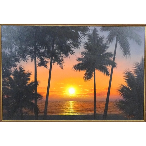 43 - 20th century, Oil on canvas, A sunset over the sea with silhouetted palm trees. Signed lower right. ... 