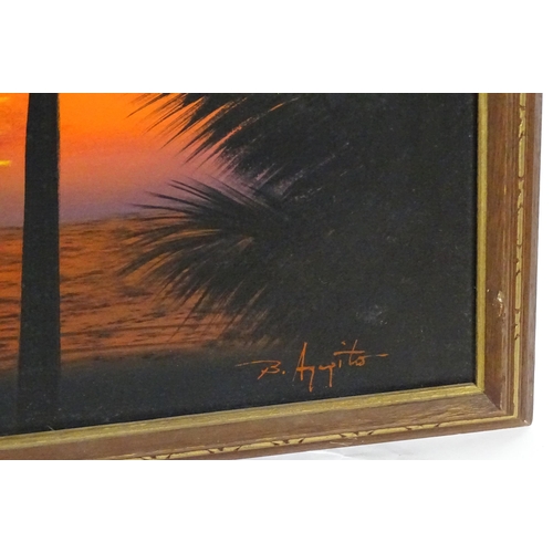 43 - 20th century, Oil on canvas, A sunset over the sea with silhouetted palm trees. Signed lower right. ... 