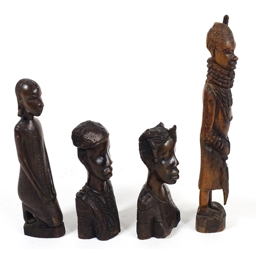 51 - Ethnographic / Native / Tribal : Four African carved wooden figures / busts. Largest approx. 15
