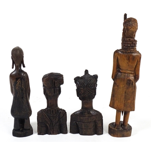 51 - Ethnographic / Native / Tribal : Four African carved wooden figures / busts. Largest approx. 15