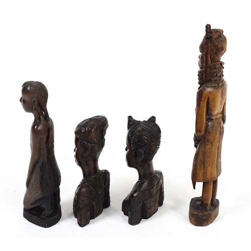 51 - Ethnographic / Native / Tribal : Four African carved wooden figures / busts. Largest approx. 15