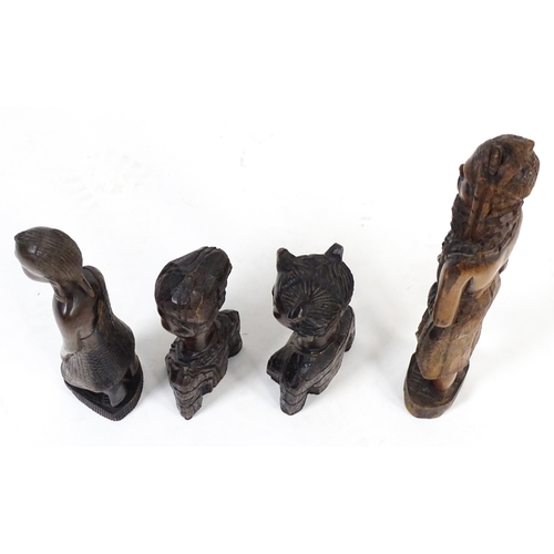 51 - Ethnographic / Native / Tribal : Four African carved wooden figures / busts. Largest approx. 15