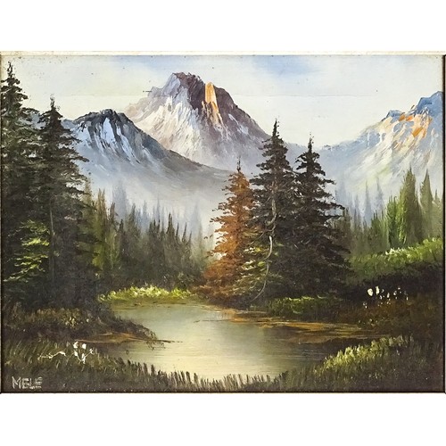 54 - 20th century, Oil on canvas, An Alpine landscape with pine trees and mountains. Signed Mele lower le... 