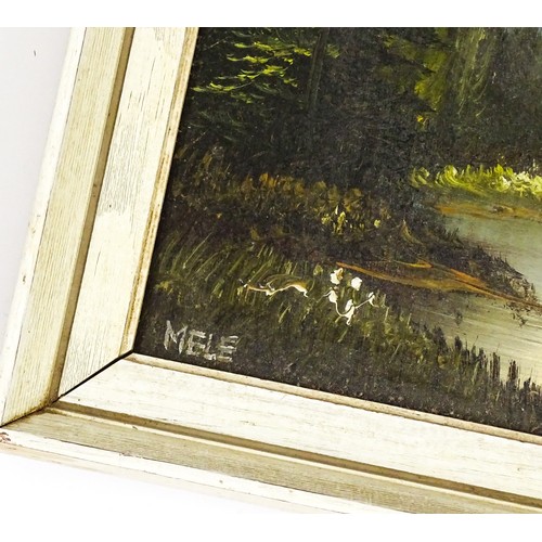 54 - 20th century, Oil on canvas, An Alpine landscape with pine trees and mountains. Signed Mele lower le... 