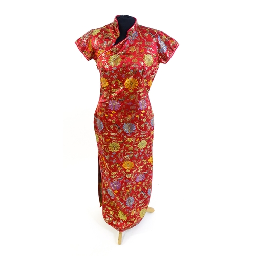 56 - Vintage fashion / clothing:  a red and gold Chinese Qipao style dress, chest approx. 36