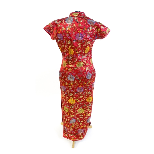 56 - Vintage fashion / clothing:  a red and gold Chinese Qipao style dress, chest approx. 36