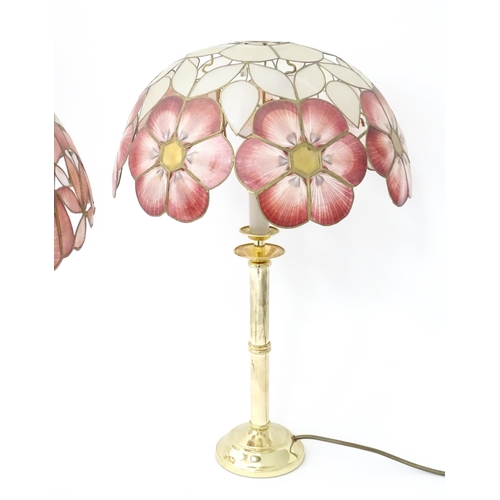 6 - A brass standard lamp with leaded glass shade, together with three table lamps . The table lamps app... 