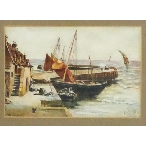 22 - E. J. Timms, Early 20th century, Watercolour, A harbour scene with boats and figures. Signed and dat... 
