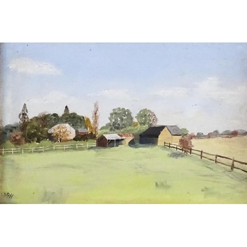 24 - Monica R. Haines, 20th century, Oil on board, A farm landscape. Signed with initials MRH lower left ... 