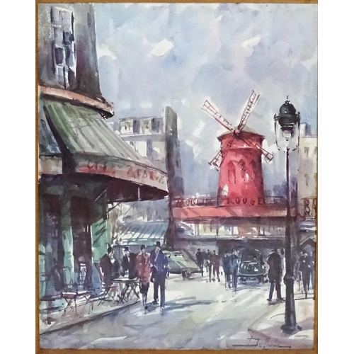 31 - A 20thC colour print depicting a Parisian street scene with Moulin Rouge. Approx. 18 1/2