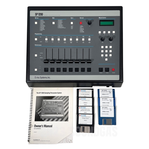 E-MU Systems Emu SP-1200 8-Voice Drum Sampler  OPERATIONAL STATUS: (B) Tested and working - powers up and appears to work as intended, not all functions checked. No guarantee or warranty implied. Operational status may change during shipping. See the main Buying Page for further important information.  Classic drum machine and sampler from the late 80s. 12-bit sampling; distinctive gritty sound. Limited sample time, iconic in hip-hop and electronic music.