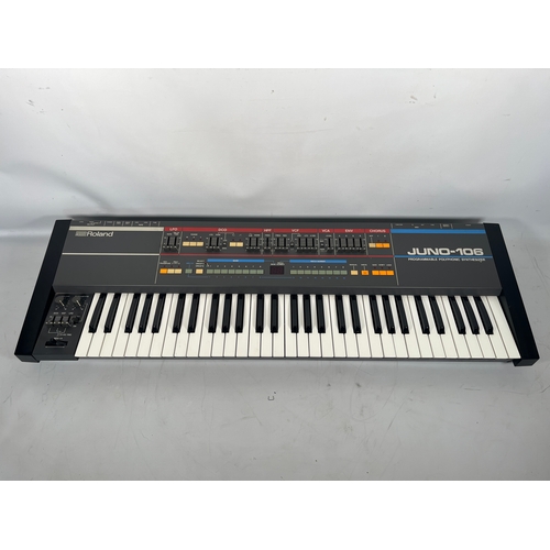 Roland Juno-106 Polyphonic Synthesizer, mid 1980's

Roland Corporation's Legendary 6 voice Polyphonic Analogue Synthesizer with the original voice chips.
