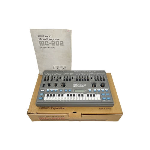 Roland MC-202 Microcomposer

Monophonic Analogue synthesizer and sequencer first introduced in 1983, revered for its unique blend of analog synthesis and step-based sequencing. This compact, portable device features a monophonic, dual-oscillator design that allows for rich, expressive sounds. Impressive for such a small box.