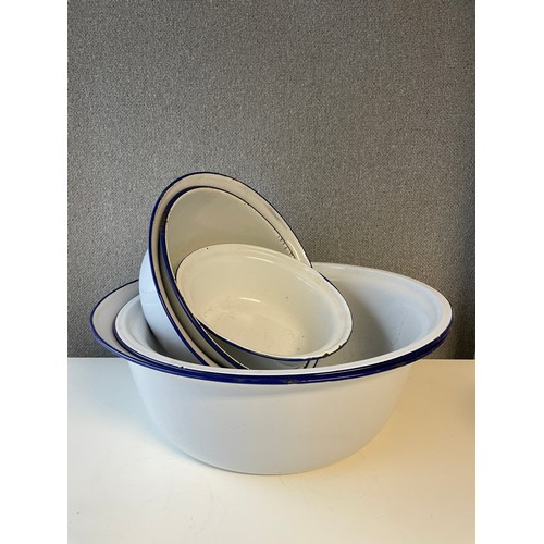 110 - Quantity of white enamel bowls - largest 36 cms diameter