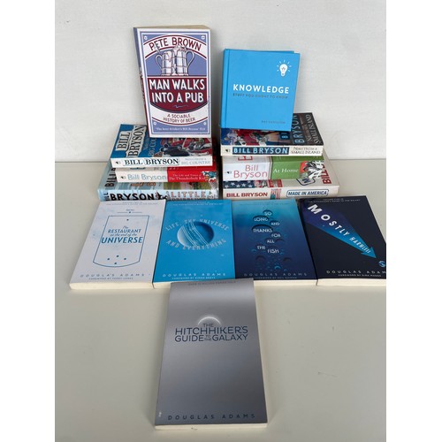 87 - Box of assorted books including Bill Bryson and Douglas Adams Hitch Hiker’s Guide to the Galaxy.