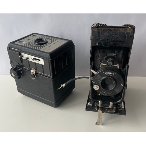 110 - Two vintage cameras
Box camera - Coronet Consul 1950’s 6 x9 cm 120 roll film 
Folding camera - Ensig... 