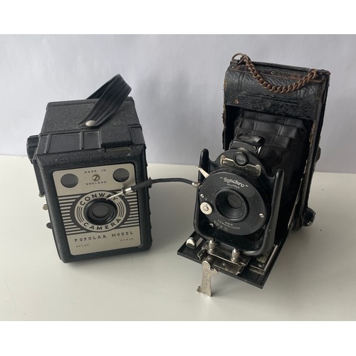 110 - Two vintage cameras
Box camera - Coronet Consul 1950’s 6 x9 cm 120 roll film 
Folding camera - Ensig... 