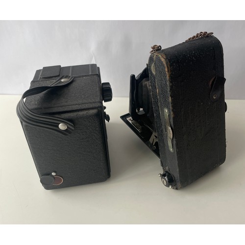 110 - Two vintage cameras
Box camera - Coronet Consul 1950’s 6 x9 cm 120 roll film 
Folding camera - Ensig... 