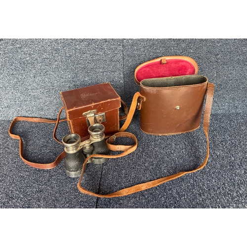 114 - A pair of opera glasses and two leather unassociated binocular cases - one Pathescope, one Ross of L... 