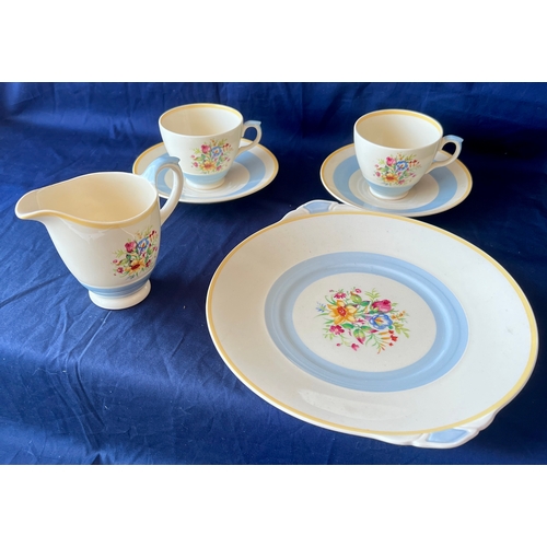 77 - CHSW. Vintage China.  New Hall Hanley tea cups, saucers, milk jug and cake plate.