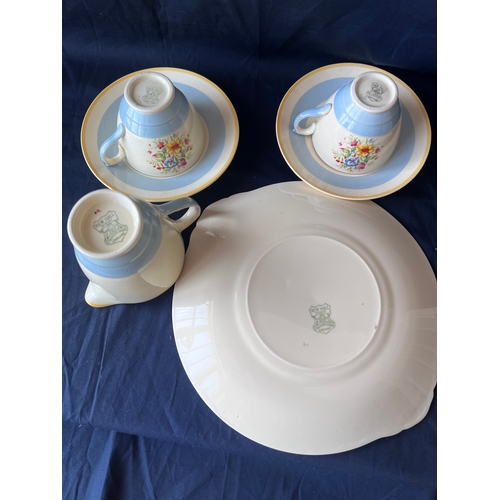 77 - CHSW. Vintage China.  New Hall Hanley tea cups, saucers, milk jug and cake plate.