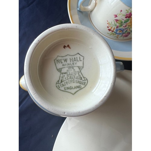 77 - CHSW. Vintage China.  New Hall Hanley tea cups, saucers, milk jug and cake plate.