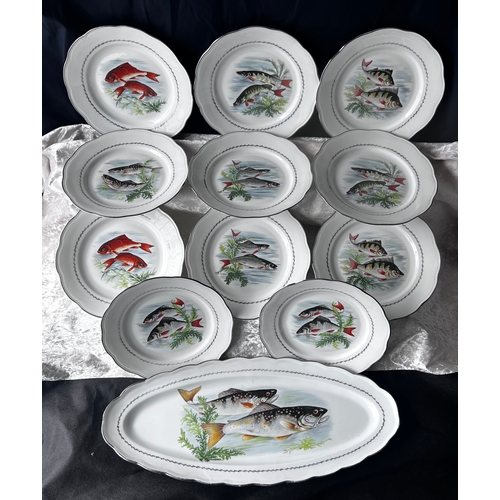 85 - Vintage French 'Berry Haute Paucelana' Plates. Fish design. 12 pieces. Smaller plates 24cm. Large se... 