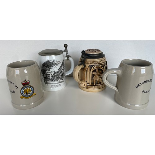116 - Four assorted beer steins. Two ceramic and pewter traditional style , one stamped West Germany with ... 