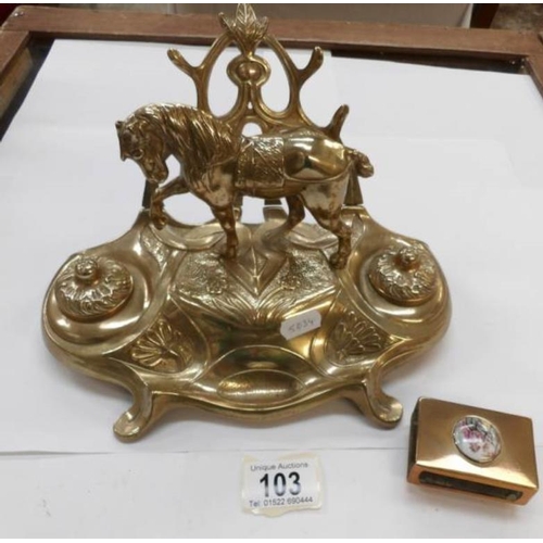 103 - A brass twin well inkstand and a brass match box holder