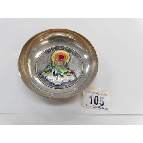 105 - A white metal bowl with enamel decorations marked Croisieres Paquet with 'A Augis' on the bottom