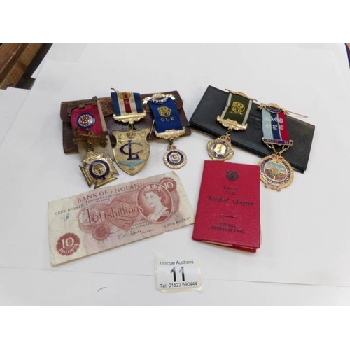 11 - A quantity of 1960's RAOB medals including 3 silver with members book together with a 10/- note