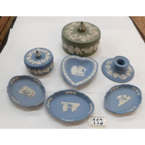 113 - A green Wedgwood Jasper Ware powder bowl and 6 items of Wedgwood blue Jasper ware