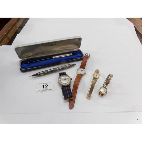 12 - A Ladies Rotary wrist watch, 3 others and 2 pens