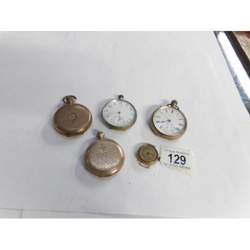 129 - 5 pocket watches including gold plate