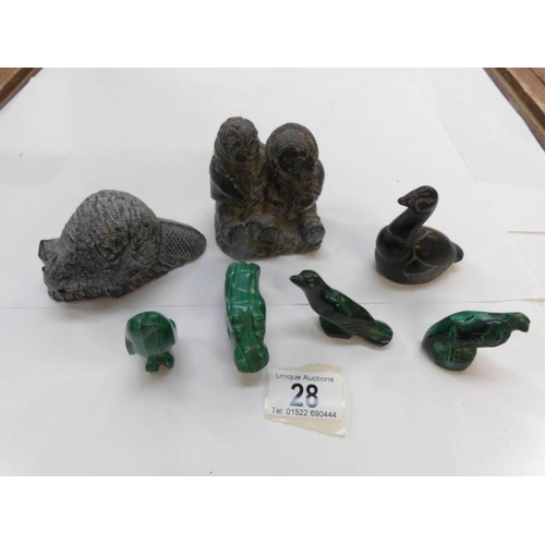 28 - 3 Inuit figures and 4 carved malachite animal figures

There are no markings on any of this lot