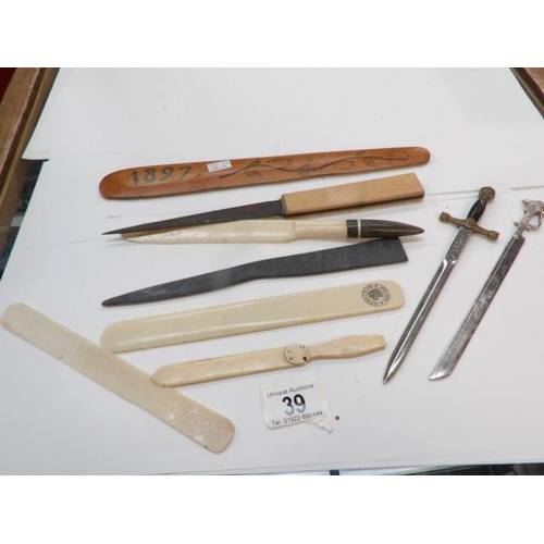 39 - 9 paper knives and page turners including ivory and boxwood