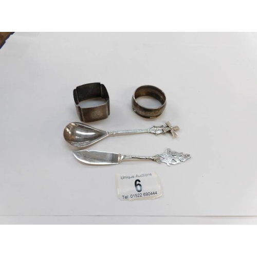 6 - 2 silver napkin rings and two 800 silver spoons