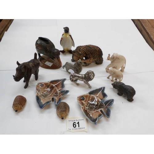 61 - 13 various animals and birds including 2 ivory elephants