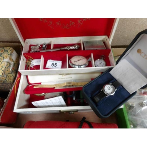 65 - A jewellery box and contents including watches, compact etc