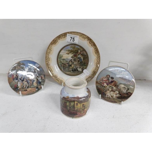 75 - A Prattware plate, 2 pot lids and a jar