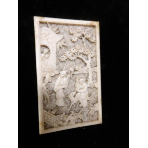 1195 - 3 framed antique carved ivory plaques, 2 figure scenes and one grapes, plaques 9 x 6cm