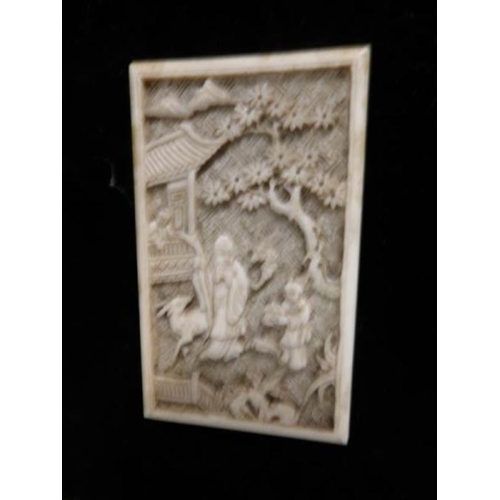 1195 - 3 framed antique carved ivory plaques, 2 figure scenes and one grapes, plaques 9 x 6cm