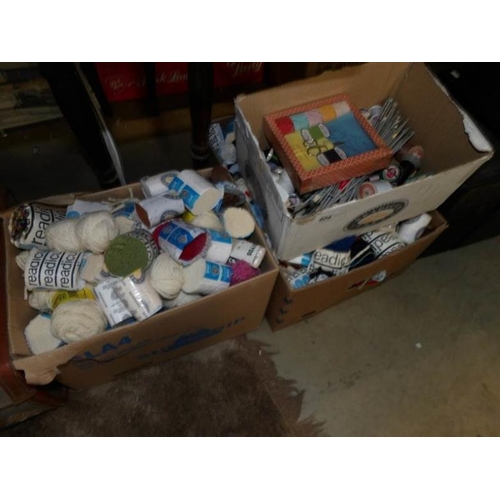 404 - 3 boxes of rug wool, cotton reels, knitting needles etc